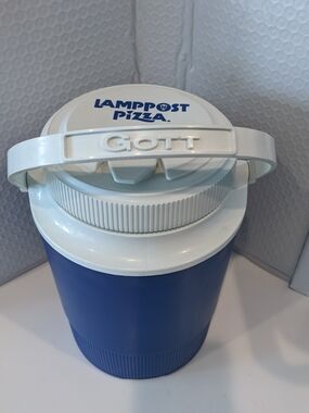Vintage Gott 1/2 Gallon Drink Jug, Cooler, Pizza Restaurant Advertising Blue